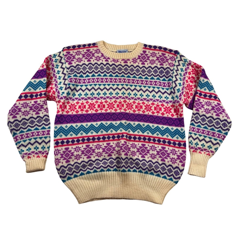 Vintage Meister Sweater Mens M Wool Fair Isle Purple Ski Pullover Nordic 80s